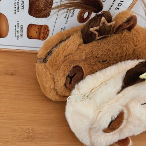 Image of HSYHERE Cute Novelty Funny Calm Down Flying Hairs Capybara Soft Stuffed Surface Fluffy Clothes Zipper Pencil Box Pencil Case Pencil Storage Holder Pouch Pen Bag -Brown