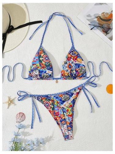 MakeMeChic Women's Plus Size 2 Piece Boho Floral Bikini Set Halter Paisley String Summer Swimsuit Bathing Suit2