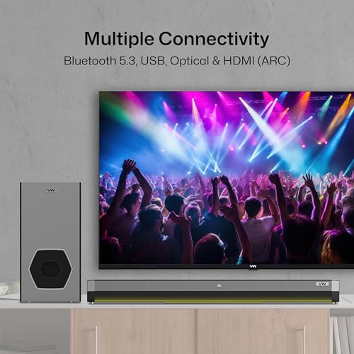 Image of VW Hunter Bar | 160W Soundbar | 2.1 Channel Home Theatre | Deep Bass from 6.5 inch Subwoofer | Multiple Connectivity | 4 EQ Modes | Sleek Remote & LED Light (Black)