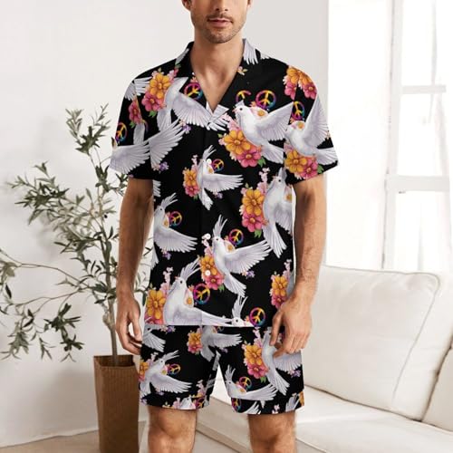 Peace Sign Dove White Pigeon Flowers Mens Pajamas Set Short Sleeve Shirt And Shorts Sleepwear PJ Sets Loungewear2