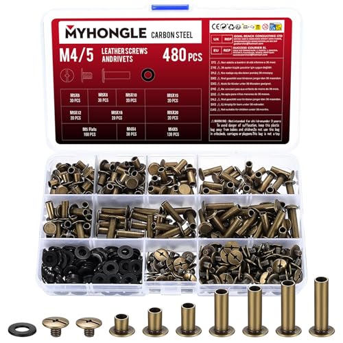 480 STK Chicago Buchschrauben Kit M4/M5 Chicago Schrauben Schraubnieten für Leder Set Binding Schrauben Nägel Nieten Nagelniete Bindeschrauben Nieten Set für DIY Leder Gürtel Buch Bookbinding