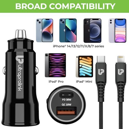 Image of Ultraprolink | 48W Dual Port Fast Car Charger|30W Type C PD-PPS Port+18W USB-A QC3.0 Port| for iPhone 14 /13 /12 /11, iPads | Includes 1m USB C to iPhone PD Cable | Mach48|UM1157L | Black