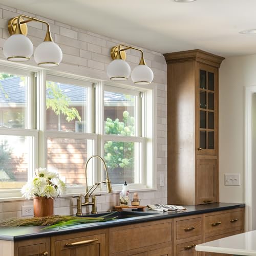 Image of Brushed Gold Bathroom Light Fixtures 2-Lights Vanity Lights with Milky White Frosted Glass Shade Bathroom Vanity Light 14 inch Wall Sconce Lighting Bath(Exclude E26 Bulb)