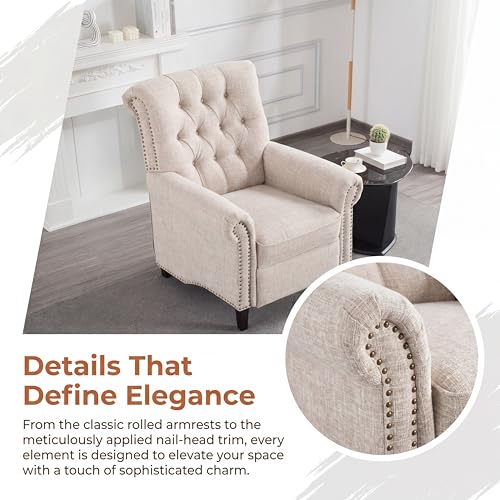 Image of Tufted Linen Fabric Manual Recliner Chair, Oversized Lazy Boy Recliner with Rolled Armrest, Breathable Living Room Reclining Chair for Adults Reading, Gaming, Napping, Relax, Beige