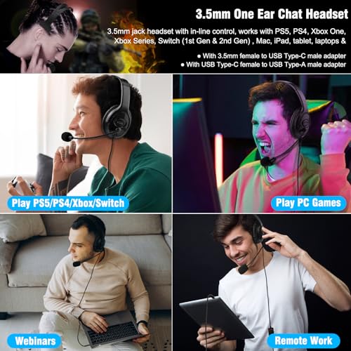 Image of Joso One Ear Headset with Mic, Wired Headset for PS5 /PS4 /Xbox /Switch /PC /iPad /Mac /Tablet with USB C & USB-A Adapter - Chat Headphone, Business, Coach, Gaming, Working, Black | One Ear