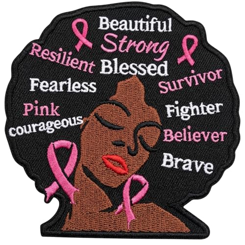 Breast Cancer Survivor Afro Woman Embroidered Patch Iron-On or Sew-On | Inspiring Design with Survivor Strong Fighter Believer Brave Words| 4 x3.5 inches