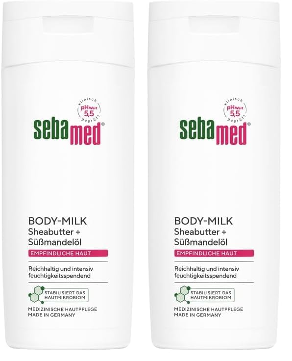 Sebamed Body-Milk 200 ml, mit Sheabutter und Süßmandelöl, reichhaltig und intensiv feuchtigkeitsspendend, für empfindliche und trockene Haut, mehr Glätte und Geschmeidigkeit (Packung mit 2)