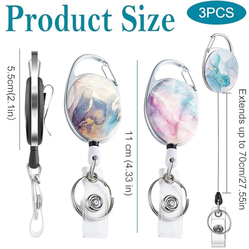 ZALHIN 3 Pieces Badge Reel with Marble Motif, Retractable Key Rings, Nurse Badge Holder, Bus Card Holder, Child Card Holder - Image 2