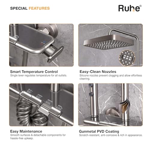 Image of Ruhe Ripple Smart Shower Panel Set, 4-in-1 Multi Flow Functions, Piano Button Shower Panel System, Includes Overhead Shower, 3-Flow Hand Shower and Dual Mode Water Spray Health Faucet