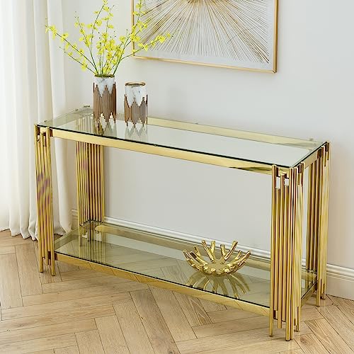 SSLine Modern Luxury Console Table Rectangular Glass Accent Entryway Table for Hallway Living Room, 2-Tier Storage, Gold Pipe Stainless Steel Frame Design