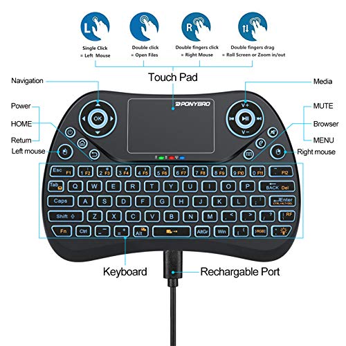 Ponybro (Newest Version) Backlit Mini Wireless Keyboard With Touchpad Mouse Combo Qwerty Keypad,Rechargeable Handheld Keyboard Remote For Smart Tv,Android Tv Box,Xbox,Raspberry Pi,Pc #TOP1