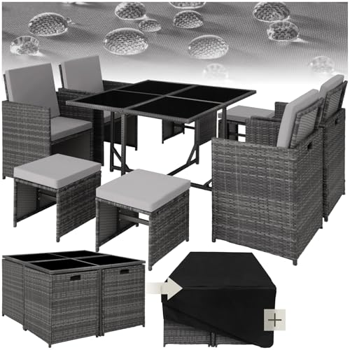 tectake® Salon de Jardin extérieur en polyrotin, 4 chaises Confortables, 4 tabourets, Housse de Protection, mobilier pour aménagement Balcon terrasse - Gris