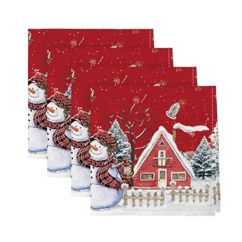 Artoid Mode Juego de 4 servilletas de tela roja para casa, nieve, árboles, valla, muñeco de nieve, Navidad, 45 x 45 cm, decoración de cocina de invierno, cena, cafetería, celebraciones, decoración