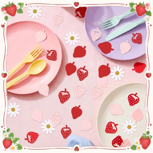 Image of Flutesan 200 Pcs Strawberry Confetti Pink Red Berry White Daisy Confetti Strawberry Dessert Table Decorations for Sweet Berry First Birthday Wedding Bridal Baby Shower Party Supplies