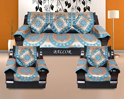 Image of Cotton 12 PCs DECAN Design Sofa Cover with Handle Cover Set of 5 Seater(3+1+1+6), Cushion Cover 16 * 16 Set of 5 PC, Total 17 PCs Set-FIROZI