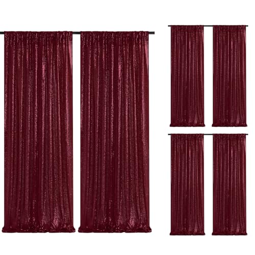 Image of Sequin Backdrop Curtain 6 Pieces 2ftx8ft Burgundy Sparkly Stage Backdrop Drapes for Christmas Party Decoration Birthday Party Background Photography Drapes