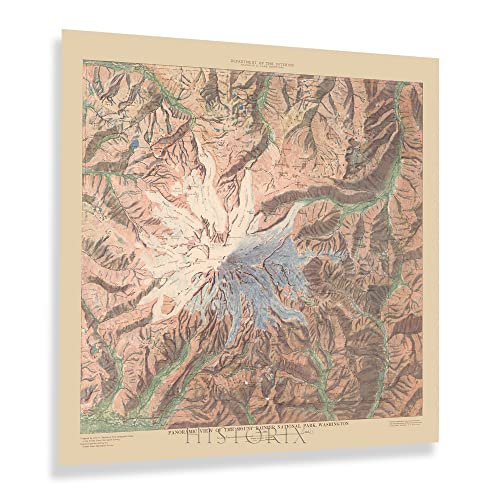 HISTORIX Vintage 1914 Mount Rainier National Park Map Print - 16x16 Inch Old Panoramic View of Mt...