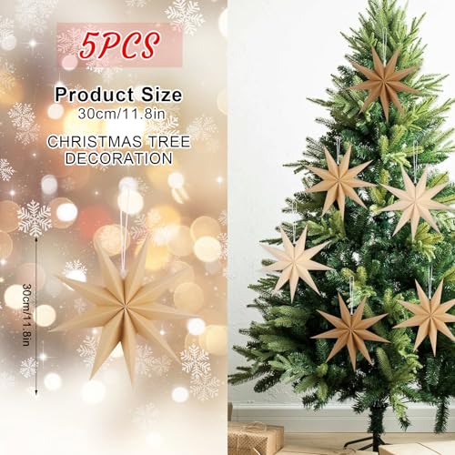 Image of 12 Inches 5 PCS Brown Paper Star Lanterns Hanging Khaki Stars Christmas Party Decorations Hanging Beige Lampshade Christmas Wedding Birthday Christmas Home Party Decorations (9 Pointed)