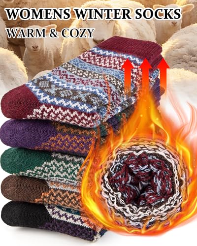 Image of Loritta Wool Socks for Women, Winter Warm Hiking Boot Socks Gifts | Classic Cozy Crew, Vintage Knit, Soft Thick House Socks, Outdoor, Christmas Gift, Stocking Stuffers for Mom Grandma Wife