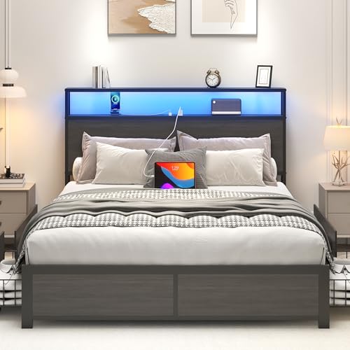 Image of Lifezone Full Bed Frame with 2-Tier Storage Headboard, Metal Platform Bed Frame with 4 Storage Drawers, Built in Charging Station & LED, Noise-Free /Metal Support /No Box Spring Needed, Rustic Grey