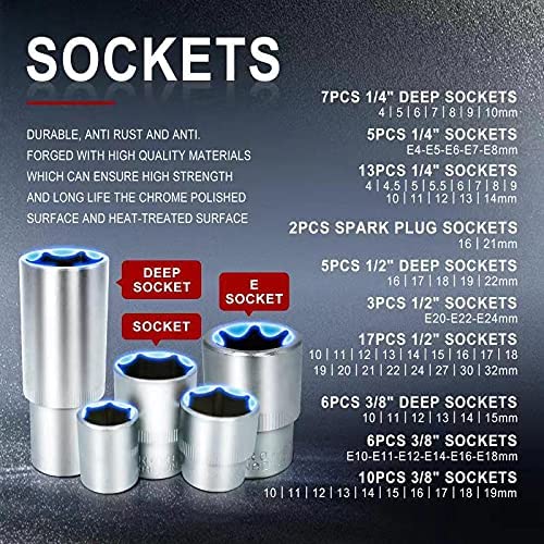 216Piece Socket Wrench Standard (Sae) And Metric 1/4, 3/8 And 1/2 Drive Socket Set72Tooth Ratchet Wrench, (8-19Mm) Openen Ratcheting Spanner, Fit For Diy Car Motorcycle Repair,Plastic Toolbox Storage #TOP1