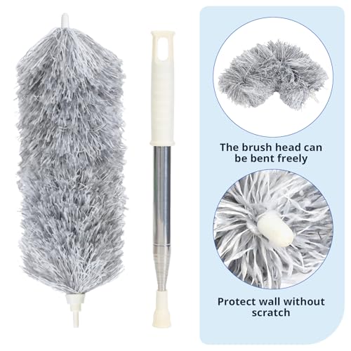 Image of ZZ LAZYCOTTAGE Duster with Extension Pole & Flexible Head, Gray Feather Duster, Long Ddusters for Cleaning for High Ceilings, Walls, Fans, Cobweb and Furniture