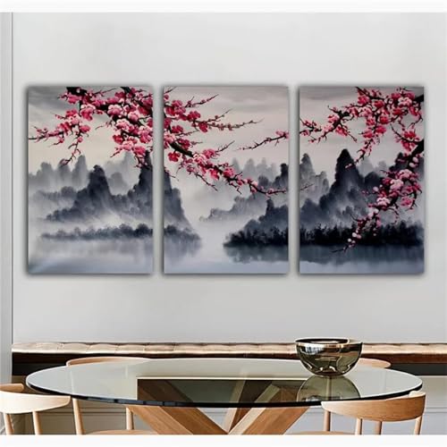 Peinture diamant montagne sakura triptyque grand format 70x105cm broderie puzzle point de croix