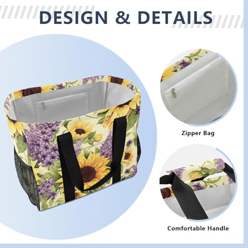 Nander Sunflowers and Lavender Foldable Tote Bag Waterproof Sandproof Women Beach Bag Handbag Gym Bag Travel Shopping Bag3