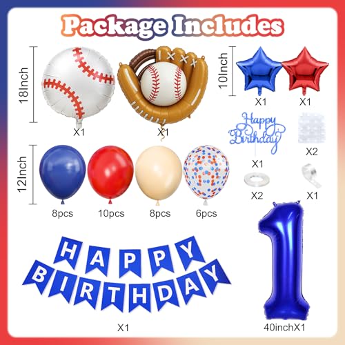 Image of 1st Birthday Decorations for Boys Baseball,Navy Blue Red Nude Balloons | Party Decorations Birthday Banner with Number 1 Baseball Glove Foil Balloons Cake Topper Sport Party Baby Shower
