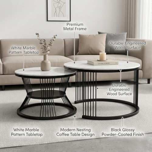 Image of Nesting Coffee Table, 20 inch Round Coffee Table Set of 2, Wooden Nesting Table with Metal Frame, Center Tables for Living Room Bedroom Balcony Bedside Table Blak White