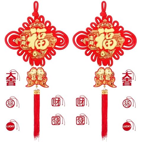 Chinese New Year Decoration Red Chinese Knotting Cord Chinese Fu Character 3D Twin Fish Charm Tassel Lucky Felt Hanging Ornament for Lunar Year Snake 2025 Spring Festival Party Decor 35 * 16in 12 PCS Cover