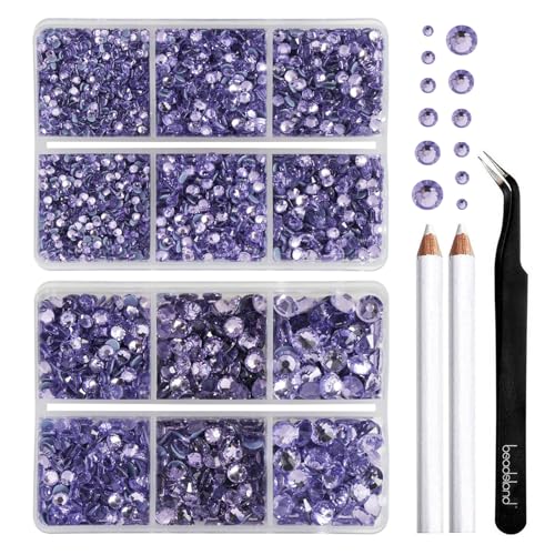 Image of BEADSLAND Hotfix Rhinestones, 6080PCS Violet Rhinestones for Clothes Crafts Mixed 6 Sizes with Wax Pencil and Tweezers Kit, SS6-SS30, Violet