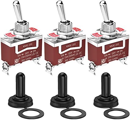Joinfworld Waterproof Toggle Switch 12V DC 30A On Off On 3 Way SPDT 12 Volt Heavy Duty Marine Toggle Switch 3 Position 3 Pin with Weatherproof Boot Cap Cover for Car Auto Truck Boat - 3 Pack