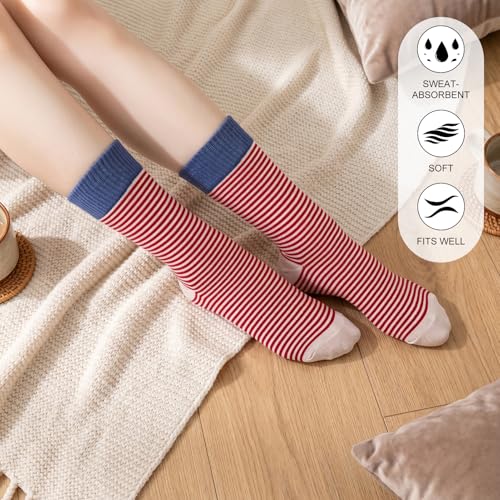 Image of Jspupifip Womens Strip Crew Socks 6 Pairs Cotton Casual Athletic Socks Cute College Style Ribbed Colorful Crew Sock