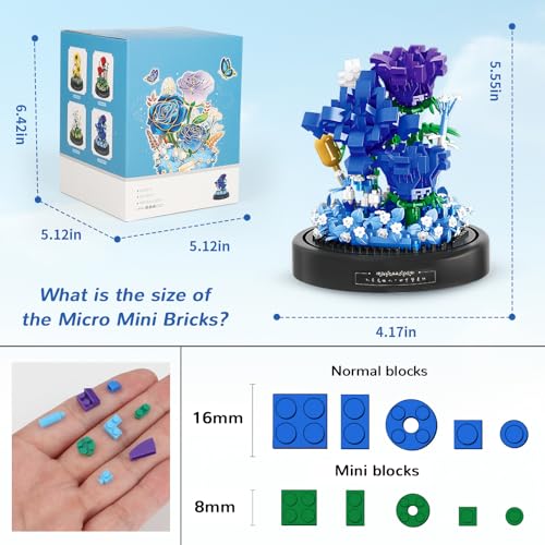 Image of QLT QIAOLETONG Flower Bouquet Building Set, 630 PCS Blue Rose Mini Building Blocks Kit for Adults, Flowers Botanical Collection for Home Decor, Mother's Day for Her Mom Women Wife Girlfriend