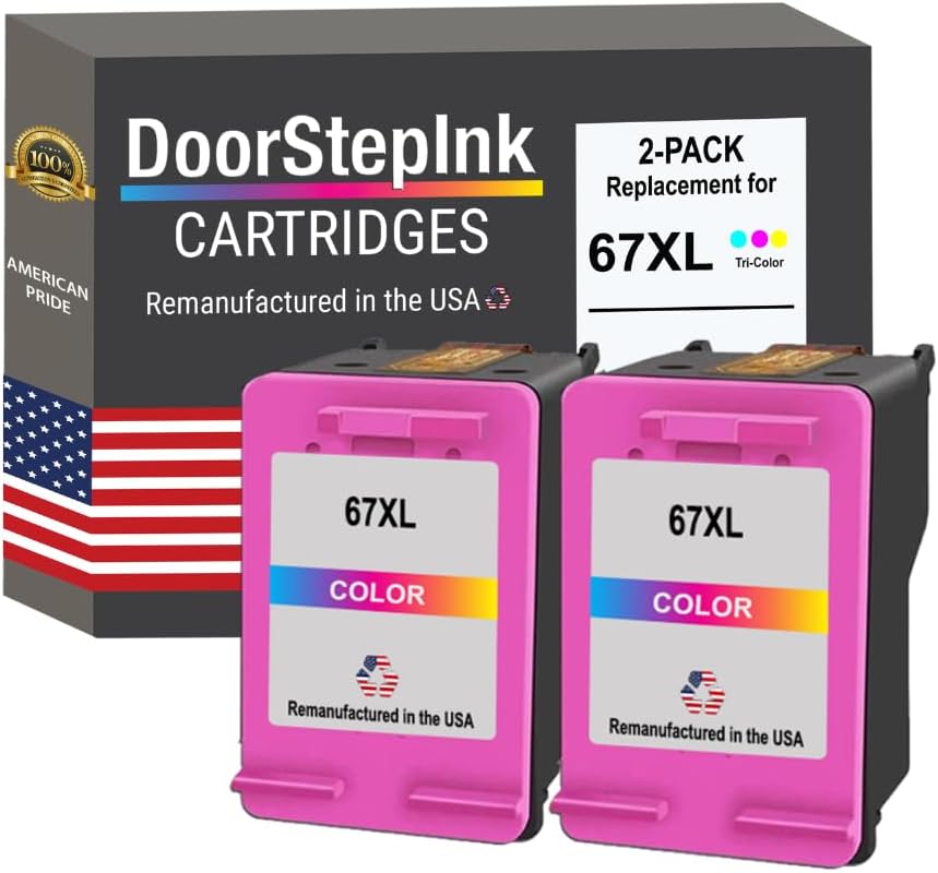 DoorStepInk 67XL Color Remanufactured Ink Cartridge Replacement for HP 67XL — Compatible with DeskJet 2724/2725/2755e/4155, Envy 6055/6075 — High Yield 2-Pack