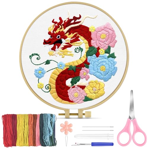 Image of TINDTOP Embroidery Kit for Beginners Adult, Dragon Embroidery Kit for Beginners Include Embroidery Cloth Hoops Threads for Craft Lover Hand Stitch with Embroidery Skill Techniques | for Beginners Include Embroidery Cloth Hoops Threads for Craft Lover Hand Stitch with Embroidery Skill Techniques
