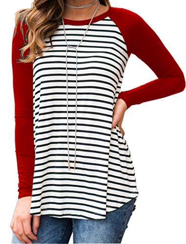 Halife Women's Striped Raglan Long Sleeve Baseball Tee Shirt Tunic Tops Red L