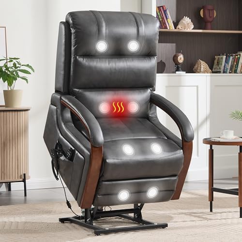 Power Lift Recliner Chair for Elderly People, Dual Motor Lift Chair with Vibration Massage and Heat, Lay Flat Recliner with Solid Wood Armrest, Standing Assistance Reclining, Faux Leather Dark Gray