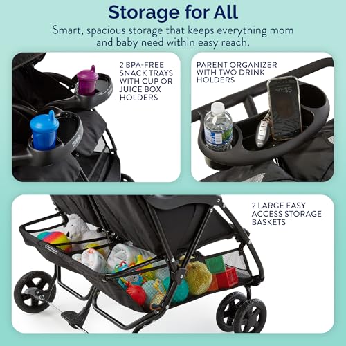 Image of Kolcraft Cloud Plus Lightweight Double Stroller Side-by-Side for Infant Toddler, Compact Folding Travel System with Reclining Seats, Canopies, Storage Basket, Trays, Easy Maneuver - Slate Gray