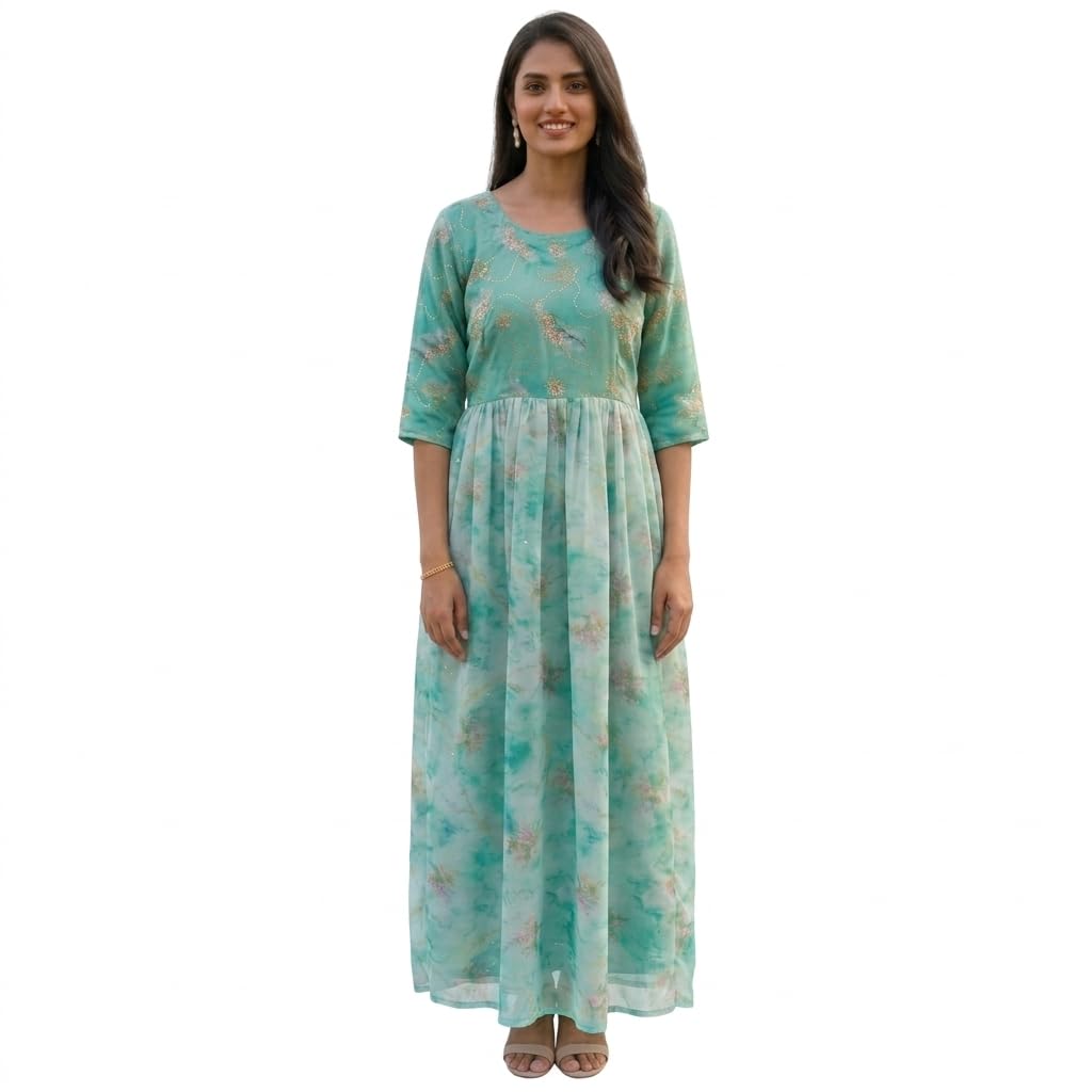 Women's Printed Long Anarkali Kurti | Floral Ethnic or Western Gown with 3/4 Sleeves for Girls/Festive and Casual Wear/Long Maxi/A-line and Knee Length Gown Green-image-38
