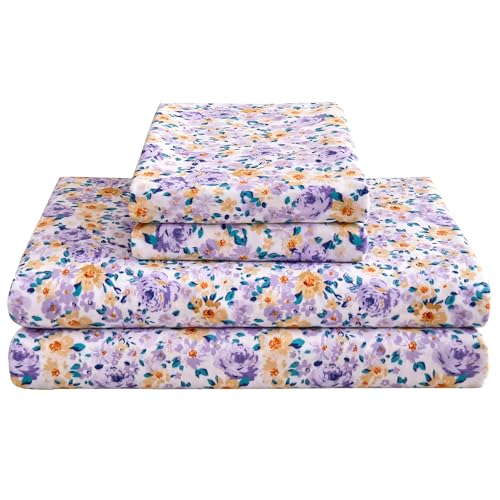 Image of Mooreeke Floral Twin 3 Pieces Bed Sheets, Soft Microfiber Bedding Sheets & Pillowcases, Deep Pocket Non-Slip Vintage Twin Sheet, Purple Yellow Flower Pattern Bedsheets