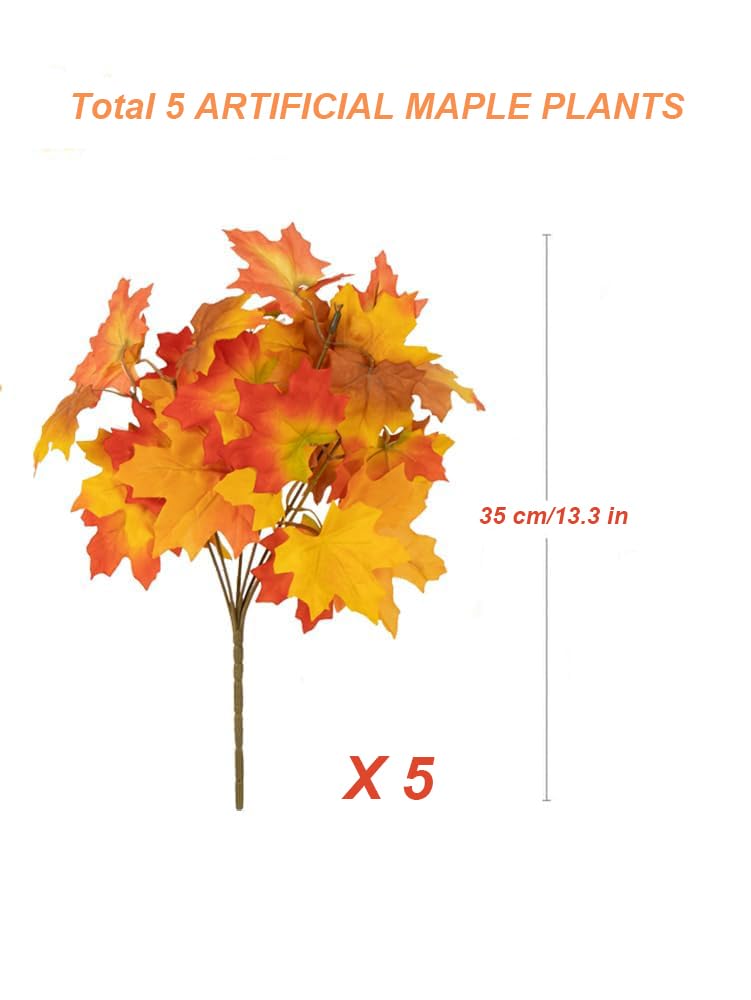 5 Tiges Feuilles D'érable Artificielles Automne - 35 Cm, Résistantes Aux UV - Décoration Intérieur/extérieur, Balcon, Porche