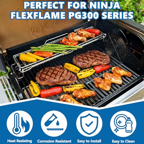 Image of SafBbcue Griddle Warming Rack for Ninja PG300 Series, Adjustable Expandable Roast & Smoke Durable Stainless Steel Rack for Ninja FlexFlame Grill Accessories, XSKFLDINDRCTRK