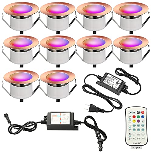 Recessed LED Deck Light Set, FVTLED 10pcs Φ45mm 12V Low Voltage IP67 Waterproof In Ground Outdoor LED Landscape RGB & Warm White Lighting for Garden Yard Steps Stair Patio Floor, Red Bronze