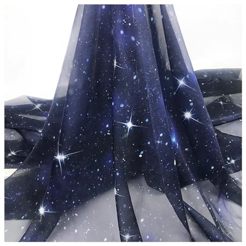 Chiffon Stoff Sternenhimmel Drucken Tencel Tüllstoff Dekostoff 150cm Breit für Kleidung Dekorieren Basteln Bekleidung(Size:1.5x5m,Color:Blau)