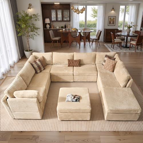 Image of ovios Modular Sectional Sofa Couch with U-Shape Chaise Ottomans, Comfy Plush Corduroy Cloud Couches, Modern Luxury Deep Seat Sofas Set for Living Room, 9-Seater, Beige