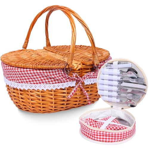 Wicker Picnic Basket with Handle, 15' Large Picnic Basket with Lid & Removable Liner, Vintage Hand Woven Basket with Cutlery Set for Picnics, Camping, Thanksgiving, and Birthday