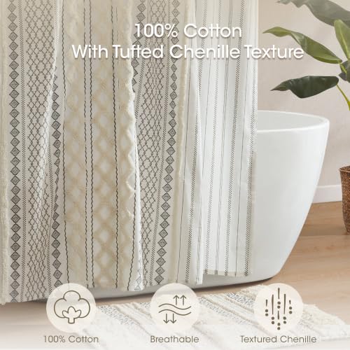Image of Ink+Ivy Imani Tufted Chenille 100% Cotton Shower Curtain Boho Bath Curtains for Bathroom, Colorful Stripes Modern Farmhouse Shower Curtain, Bathtub Privacy Screen, Machine Washable 72 inch x 84 inch, Ivory