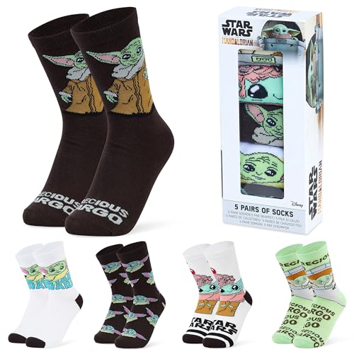 Disney Socken Damen Teenager Größe 35–41, 5er Pack Lustige Socken mit Motiv, Baumwollsocken für Zuhause Freizeit, Geschenke für Frauen (35-41 EU, Grün Baby Yoda)